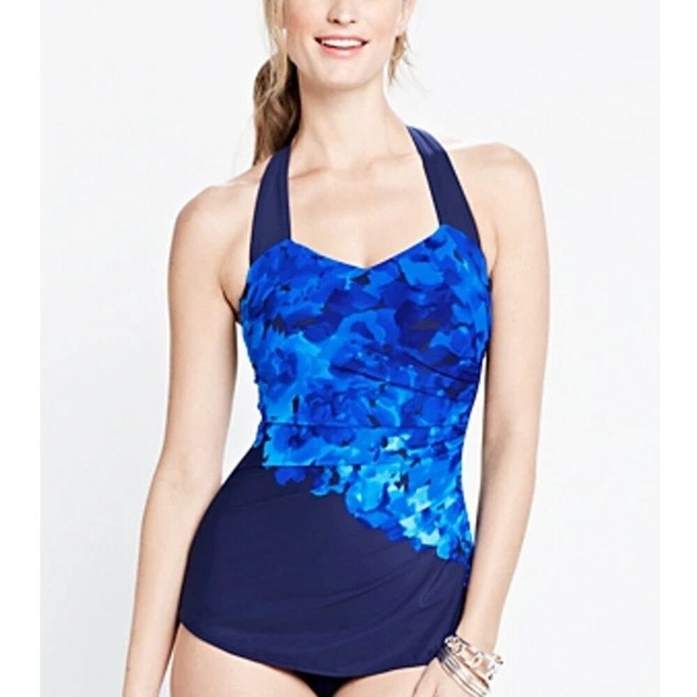 Lands' End Cascade Floral Tunic One Piece Swimsuit Navy Women's Petite Size 4P
